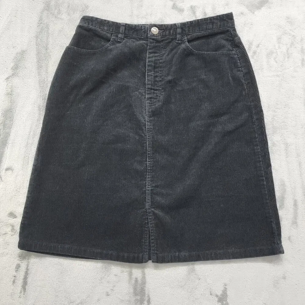 Vintage Eddie Bauer Skirt Size 8 Black Corduroy Pencil Front Slit Pockets Preppy